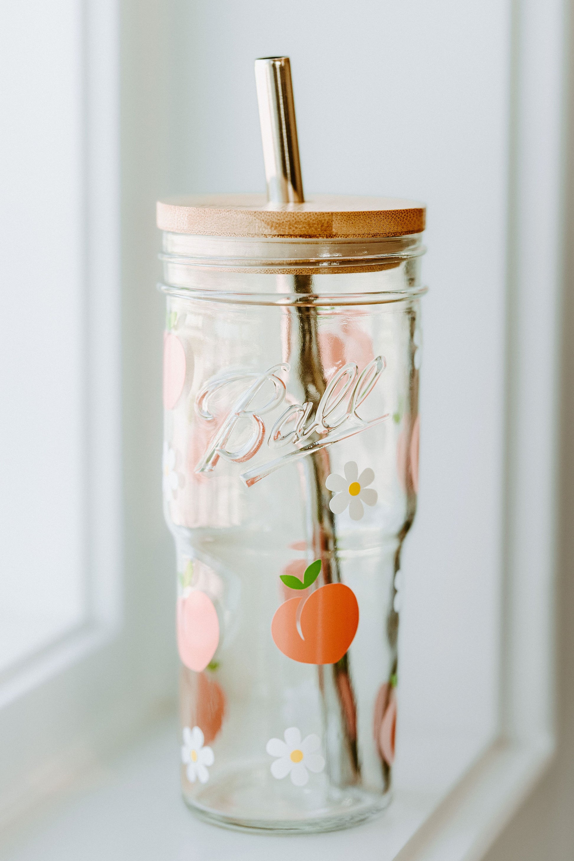 Dining  Summer Cute Fruit Peach Mason Jar Glass Cup With Lid And