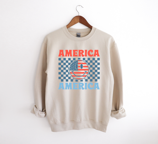Checkered Smiley America Crewneck Sweatshirt